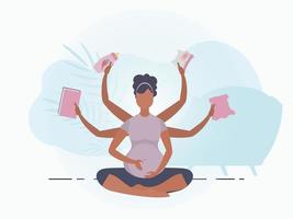 Enceinte fille dans le lotus position. actif bien construit Enceinte femelle personnage. bannière dans bleu couleurs pour votre conception. vecteur illustration dans dessin animé style.