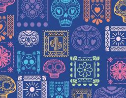 fond bleu mexicain avec des crânes et des fleurs vector design
