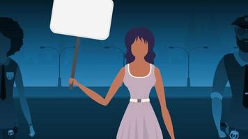 une femme protestations avec une bannière contre le toile de fond de le ville. le concept de exprimer pensées, insatisfaction et protestations. vecteur illustration.