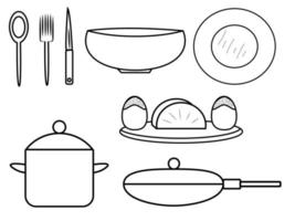 cuisine ustensiles Icônes ensemble, cuisine ustensiles silhouette, éléments sur blanc Contexte vecteur