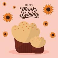 joyeux jour de Thanksgiving avec muffin et fleurs vector design