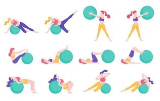 illustrations vectorielles de posture d'entraînement de ballon d'exercice de fitness pour femmes. vecteur