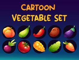 dessin animé légume ensemble. citrouille, pomme de terre, maïs, tomate, concombre, courgette, aubergine, poivre, rouge oignon, carotte. vecteur