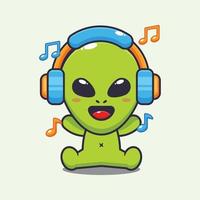 mignonne extraterrestre écoute la musique avec casque de musique dessin animé vecteur illustration.