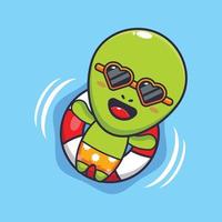 mignonne extraterrestre dans des lunettes de soleil flotte avec bouée dessin animé vecteur illustration.