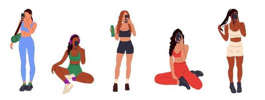 ensemble de sportif Jeune les filles prise une selfie sur smartphone.fit femme dans Gym athlétique vêtements. fille prend miroir selfie avec une téléphone intelligent. abstrait féminin vecteur illustrations.