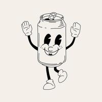 rétro un soda pouvez mascotte. mignonne personnage dans branché rétro Années 60 Années 70 dessin animé style. vecteur main tiré illustration