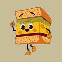 mignonne dessin animé sandwich personnage. content et de bonne humeur émotions. vieux animation Années 60 années 70, marrant dessin animé personnages. branché illustration dans rétro style. vecteur