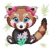 rouge Panda fille avec arcs et bouquet, vacances concept, de la mère journée carte vecteur