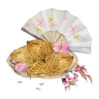 aquarelle main tiré traditionnel Japonais bonbons. céramique plat, printemps neri-kiri, mochi, objets. isolé sur blanc Contexte. conception pour faire-part, restaurant menu, salutation cartes, imprimer, textile vecteur