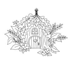 main tiré mignonne vecteur petit maison dans forêt. peu rural nain Accueil isolé sur blanche. contour puéril illustration pour coloration livre