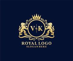 modèle initial de logo vk lettre lion royal luxe dans l'art vectoriel pour restaurant, royauté, boutique, café, hôtel, héraldique, bijoux, mode et autres illustrations vectorielles.