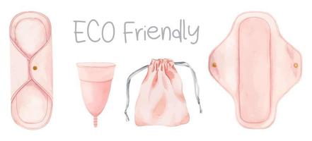 une ensemble de réutilisable sanitaire tampons et menstruel Coupe. personnel hygiène produit pour femmes. zéro déchets se soucier. femmes des trucs pour période, menstruation femelle hygiène produit. aquarelle illustration. isolé. vecteur