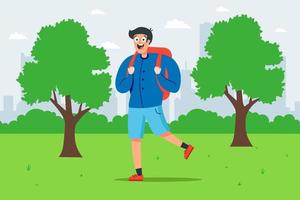 garçon avec un sac à dos se promène dans un parc verdoyant. illustration vectorielle plane.
