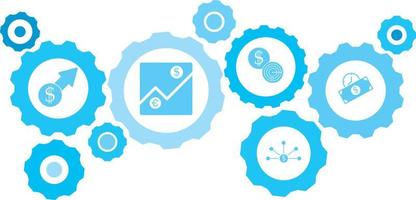 connecté engrenages et vecteur Icônes pour la logistique, service, expédition, distribution, transport, marché, communiquer concepts. équipement bleu icône ensemble d'affaires projet, commercial .