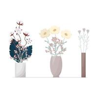 ensemble de fleurs dans boho style vases. composition de fleurs vecteur illustration. bouquets de tricots, coton, divers décoratif feuilles et brindilles