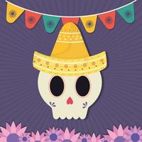 jour mexicain du crâne mort avec chapeau sombrero et fleurs vector design