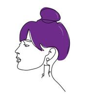 stylisé femelle affronter. moderne un ligne art. femelle beauté concept, violet cheveux, minimaliste style. vecteur