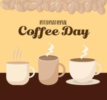 journée internationale du café avec trois tasses tasse et conception de vecteur de haricots
