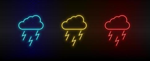 néon icône ensemble pluie, énergie, éclairage. ensemble de rouge, bleu, Jaune néon vecteur icône sur transparence foncé Contexte