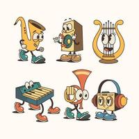 main tiré rétro dessin animé musical instruments collection vecteur