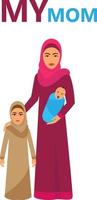 content musulman famille de maman et les enfants. arabe famille quatre personnes, arabe mère deux les enfants plat vecteur illustration - vecteur.