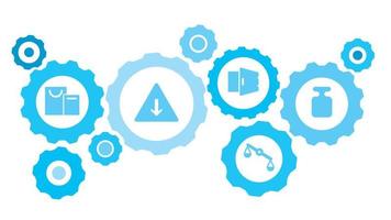 connecté engrenages et vecteur Icônes pour la logistique, service, expédition, distribution, transport, marché, communiquer concepts. au m, caisse équipement bleu icône ensemble sur blanc Contexte