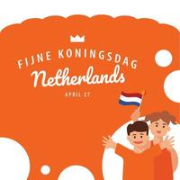 Pays-Bas rois journée vecteur illustration avec une garçon et le sien maman agitant le nationale drapeau.