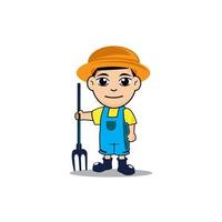 enfant agriculteur dessin animé vecteur illustration, des gamins avec paille chapeau et fourchette mascotte logo conception