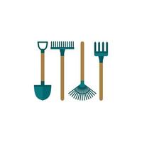 style plat icône pelle. jardinage, kit d'outils de plantation. dessin animé petite houe, râteau pour congé de récolte, pelle de jardin, fourche. instrument de travail domestique. illustration vectorielle vecteur