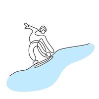 un dessin au trait continu de snowboarder homme dessiné à la main design minimaliste art. jeune snowboarder masculin sportif équitation snowboard dans les alpes neige poudreuse montagne. concept de sport de mode de vie d'hiver vecteur