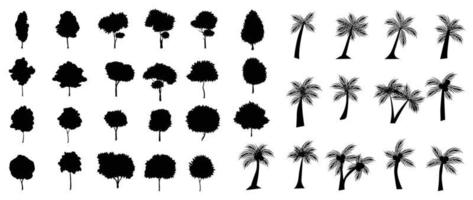 ensemble de des arbres silhouette vecteur. forêt des arbres, jungle, noix de coco arbre, nature, écologie vecteur symbole main tiré collection isolé sur blanc Contexte. conception pour logo, autocollant, l'image de marque, ouvrages d'art.