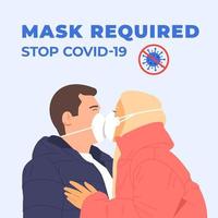 couple heureux s'embrassant dans des masques. coronavirus, covid, ncov, arrêt, concept de protection de la santé. protection contre l'illustration du coronavirus. quarantaine médicale. prévention santé sécurité vecteur