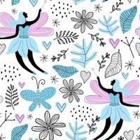 modèle sans couture avec dessin animé mignon fée, papillon, fleurs, congé et amour isolé sur fond blanc. conception de tissu pour les œuvres d'art de filles, papiers peints, impressions illustration vectorielle enfants vecteur