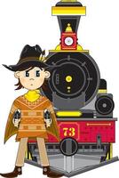 mignonne dessin animé sauvage Ouest cow-boy Pistolero avec vapeur train vecteur