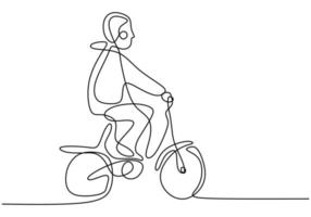 enfant à une seule ligne continue sur une bicyclette. petit garçon sur son vélo au parc public isolé sur fond blanc. personnage enfance heureuse silhouette image dessinée à la main vecteur
