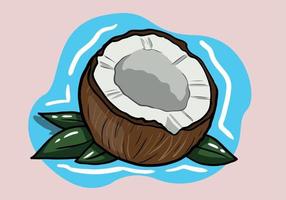 main tiré détaillé marron exotique moitié noix de coco avec vert feuille. illustration de Frais tropical fruit vecteur