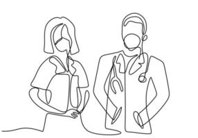 Un seul dessin au trait d'un médecin professionnel et d'une infirmière en masque facial debout posant ensemble travail d'équipe médical contre le coronavirus isolé sur fond blanc. style minimaliste. vecteur