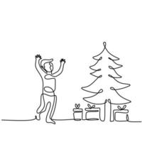 garçon debout avec arbre de Noël et coffret cadeau continu un dessin de ling. heureux petits enfants dans la célébration de Noël isolé sur fond blanc. joyeux noël et bonne année concept vecteur