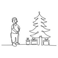 garçon debout avec arbre de Noël et coffret cadeau continu un dessin de ling. heureux petits enfants dans la célébration de Noël isolé sur fond blanc. joyeux noël et bonne année concept vecteur