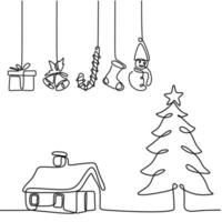 arbre de Noël d'une ligne avec boîte-cadeau de décoration suspendue, étoile, cloche et chaussette. fête de Noël en hiver. Joyeux Noël thème dessiné à la main dessin au trait isolé sur fond blanc vecteur
