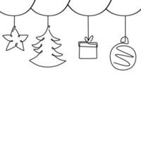 une ligne dessin arbre de Noël, boîte-cadeau, bas, étoile, amour, décoration de boule isolée sur style minimaliste de fond blanc. symboles de Noël. décoration de carte de voeux de vacances vecteur