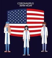 bannière de coronavirus avec des médecins avec la conception de vecteur de drapeau usa