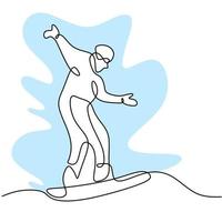 Un dessin au trait continu de snowboarder jeune homme sportif équitation snowboard dans la montagne de poudreuse enneigée isolée sur fond blanc. concept de sport de mode de vie d'hiver. illustration vectorielle vecteur