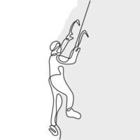 dessin d'une ligne continue d'un alpiniste mâle remontant la pente enneigée avec axes contre les nuages isolés sur fond blanc. concept de sport d'hiver extrême. alpiniste. conception de minimalisme vecteur