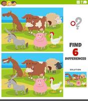 jeu éducatif de différences avec des animaux de la ferme de dessin animé vecteur