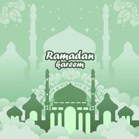 illustration de une Ramadan kareem bannière avec une lumière vert mosquée objet avec une silhouette derrière il et arabe étoiles et ornements vecteur