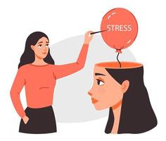 stress conscience. une Jeune femme éclats une stress bulle dans sa diriger. stress gestion, dépression. mental santé. plat vecteur illustration.