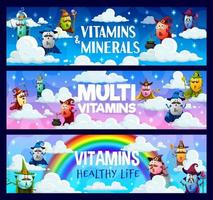 dessin animé vitamine sorcier personnages sur des nuages bannière vecteur