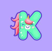 lettre k Licorne, fille alphabet personnage dans perruque vecteur